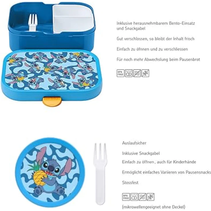 Mepal Kinder Obst- und Bento Box | Campus meets Fruits | Spülmaschinenfest & BPA-frei | 300 & 750 ml | Mit Fächern, Gabel & Clip-Verschluss | Perfekt für Snacks & Mahlzeiten | Stitch – Bild 2