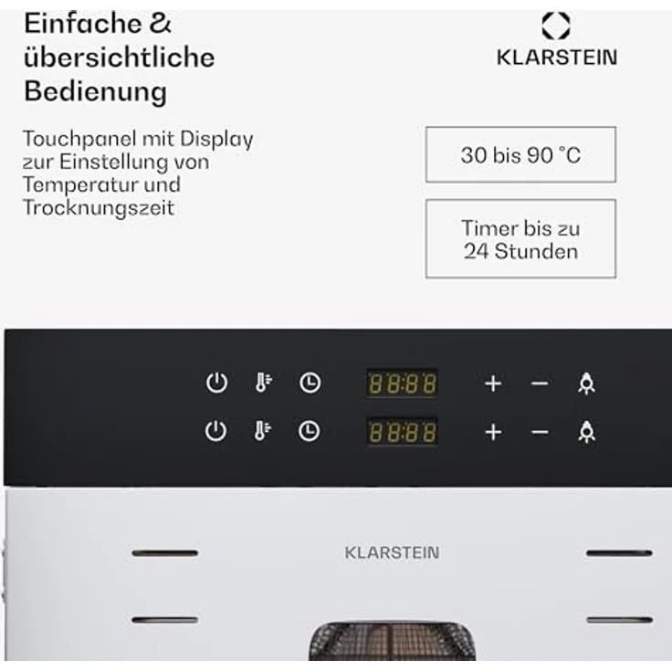 Klarstein Dörrautomat Edelstahl – 4.000-W-Dörrgerät, 48 Edelstahl-Einlegeböden, 30–90 °C, 24-Stunden-Timer, 6 Ventilatoren, 2 Trockenkammern, 50–55 dB, ideal für Obst, Gemüse, Fleisch, Kräuter, Silber – Bild 4