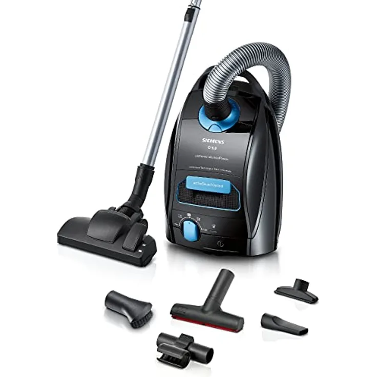 Siemens Staubsauger mit Beutel Q5.0 extreme silencePower VSQ5X500, Bodenstaubsauger, ideal für Allergiker, Hygiene-Filter, starke Saugleistung, XXL-Polsterdüse, langes Kabel, 650 W, schwarz