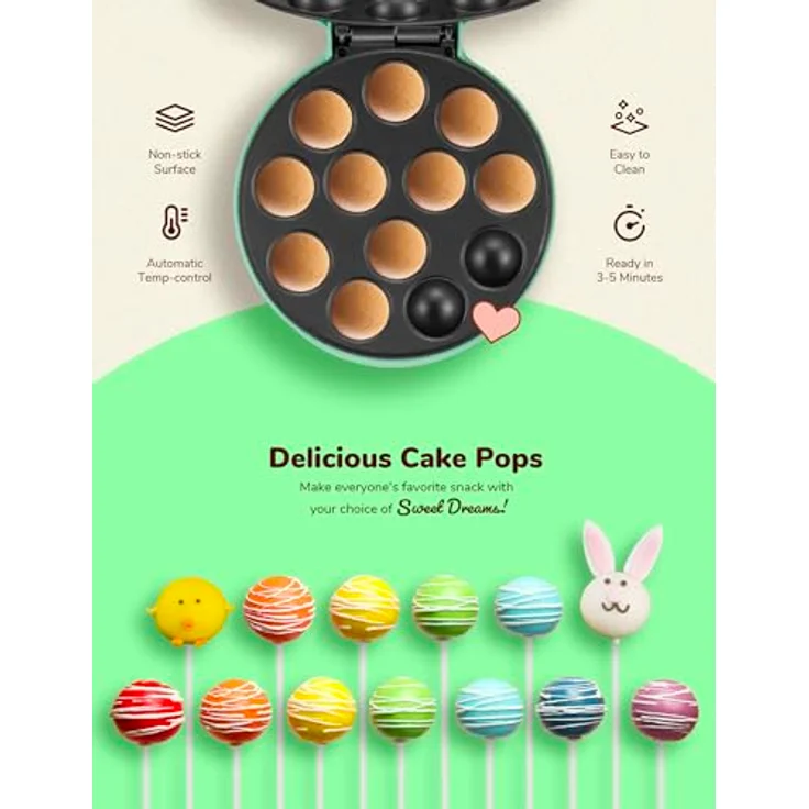 Bestron DCPM12M Cake-Pop-Maker, Cookie Maker, 700W, stufenlos regelbar, Backampel, wärmeisolierter Griff, mint – Bild 4