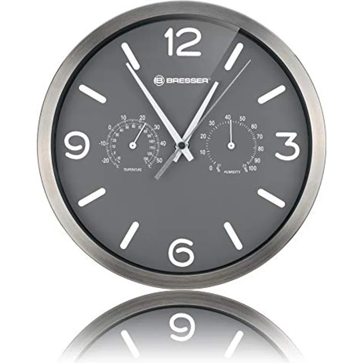 Bresser Funkuhr Wanduhr MyTime ND Thermo-Hygro mit geräuschlosem Funkuhrwerk, Edelstahlrahmen und Anzeige für Temperatur und Luftfeuchtigkeit, Grau, 250x250mm – Bild 3