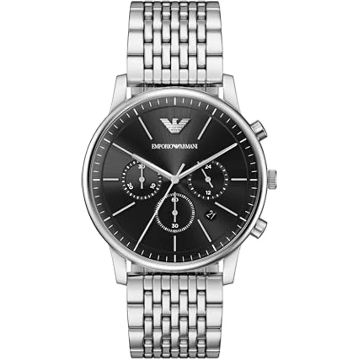 Emporio Armani AR11772, Herren 42MM silberfarbene Edelstahl Uhr mit schwarzem Sunray-Zifferblatt, Quarzwerk, kratzfestem Mineralglas und 50 m Wasserdichtigkeit – Bild 1