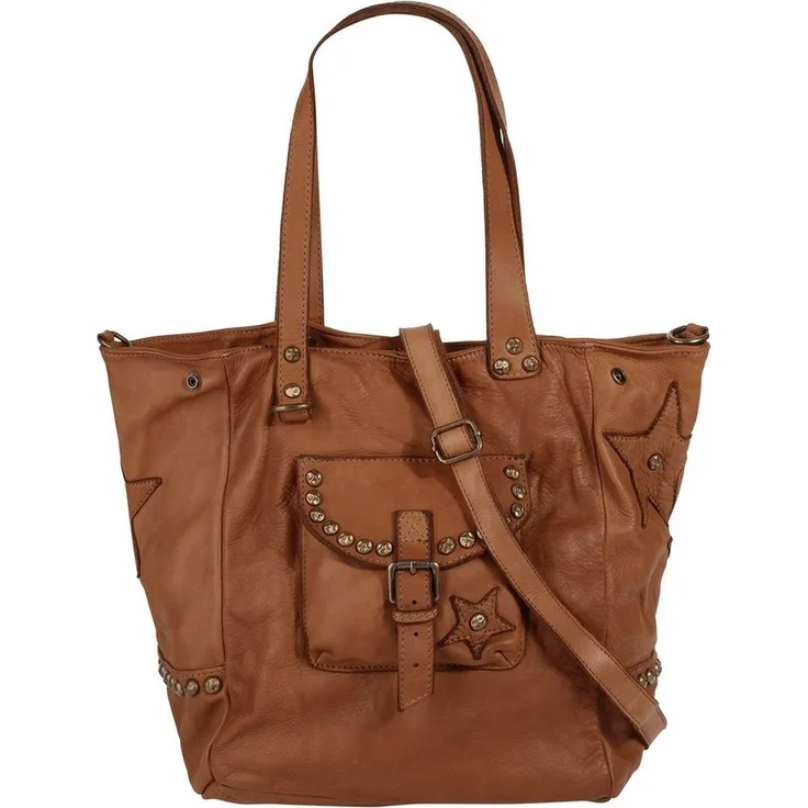 Samantha Look Shopper, echt Leder, Made in Italy, mit Nieten- und Sternenbesatz, braun