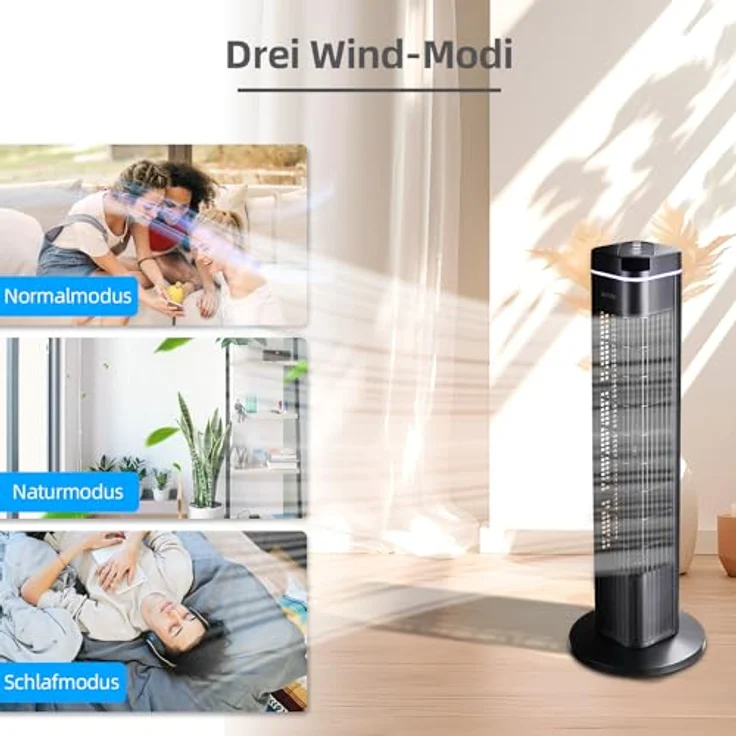 Be Cool Turmventilator 73 cm, mit Fernbedienung, 3 Geschwindigkeitsstufen, 3 Windmodi, Timer bis 8 Std., Oszillation 70°, LED-Bedienfeld, Schwarz – Bild 4