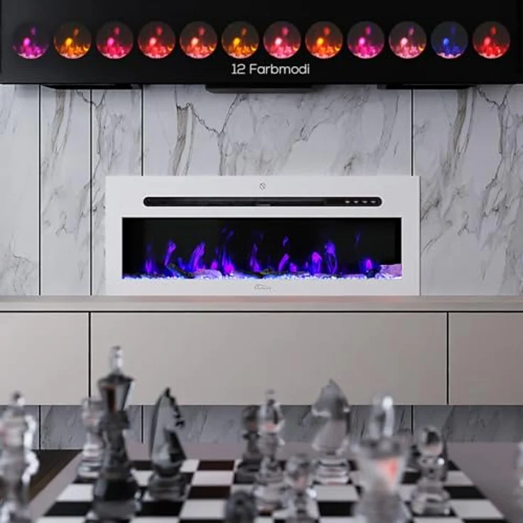 TroniTechnik® Wandkamin Panorama, Elektrokamin mit LED Flammeneffekt, 12 Farben, Timer, 900/1800W, inklusive Kristalle – Bild 2