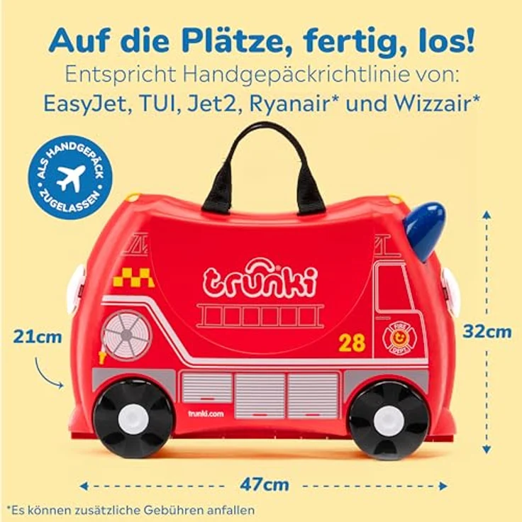 TRUNKI Kinderkoffer Trolley Frank Feuerwehrauto (Rot) | Handgepäck zum Draufsitzen | Reisegefährte für Kinder mit 5 Jahren Garantie – Bild 2