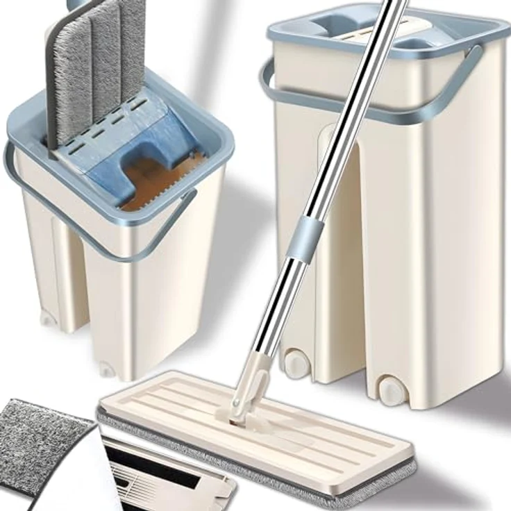 Retoo Wischmopp Set mit Eimer Putzeimer Flacher Bodenwischer 120 cm Edelstahlgriff Mikrofaser Wischpad für Hartholz Marmor Fliesen Bodenreinigung Alle Bodentypen Zwei-Kammer Putzset – Bild 1