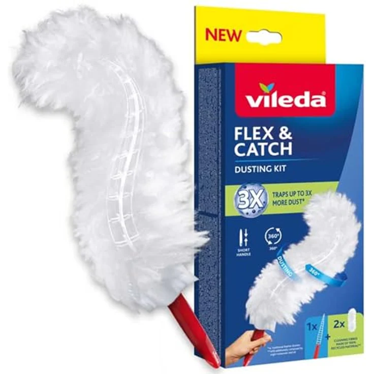 VILEDA FLEX & CATCH Staubwedelentferner mit 2 Mikrofaser-Ersatzteilen, 360° Staubentfernung, kurzer Griff, bis zu 3x mehr Staubaufnahme – Bild 1