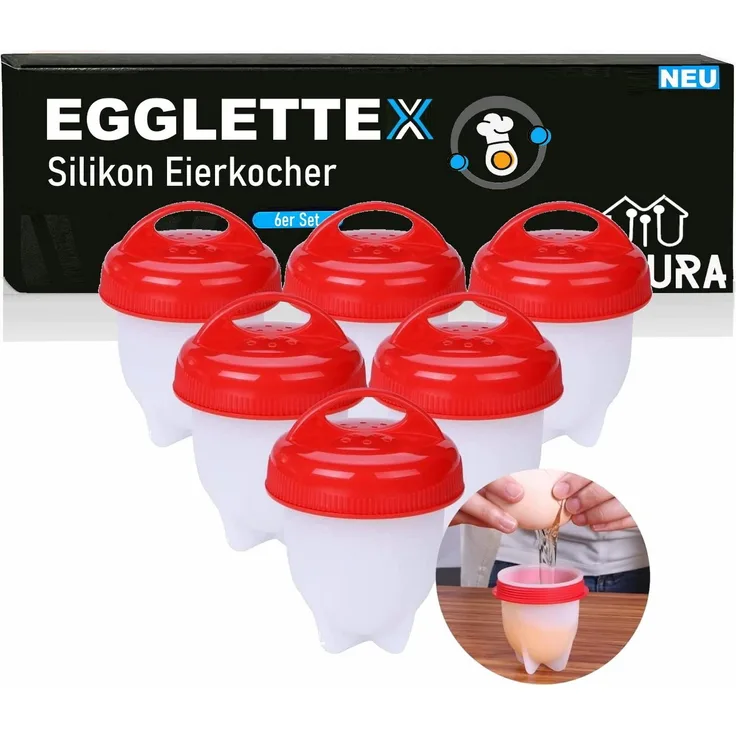 MAVURA EGGLETTEX Eierkocher ohne Schale [6er Set], Silikon Egglettes in Weiß/Rot, Anti-Haft Beschichtung, lebensmittelechtes Material