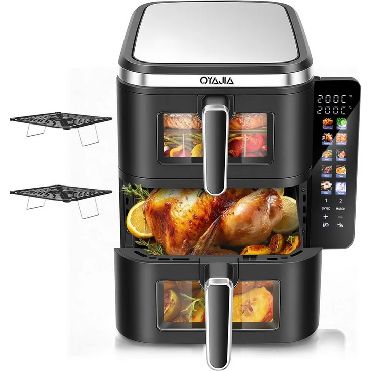 oyajia Heißluftfritteuse DUAL ZONE, 11 Liter Doppelkammer, 2800 W, 10 Kochfunktionen, Sichtfenster, Faltbares Digitales Farbdisplay, Sync-Funktion, platzsparendes Design