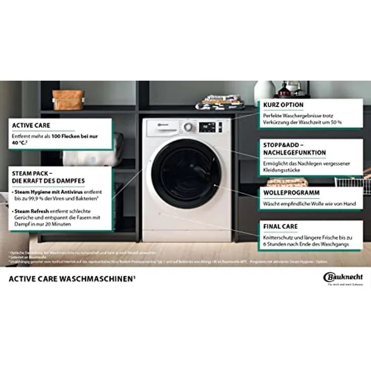 Bauknecht W Active 9A Waschmaschine Frontlader / 9kg / EEK A/Active Care - kraftvolle Fleckentfernung/Dampf Programme/Steam Hygiene Option/Wolle-Programm/Stopp&Add Funktion, Weiß – Bild 2