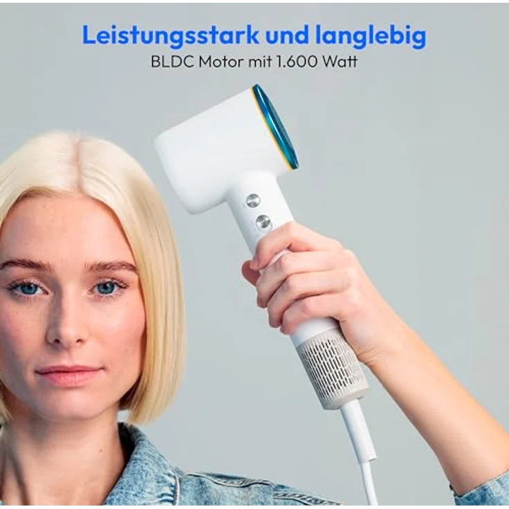 MEDION Haartrockner mit Diffusor HD1 (Ionen Technologie, 1.600 Watt, Stylingdüse, magnetische Aufsätze, langlebiger BLDC Motor, LED Ringlicht, langes Netzkabel) weiß – Bild 2