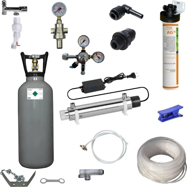 BieTal Wassersprudler Anschlußpaket, 89-tlg. mit Aktivkohlefilter, UVC Lampe und 6 Kg CO2 Flasche für Tafelwassergeräte