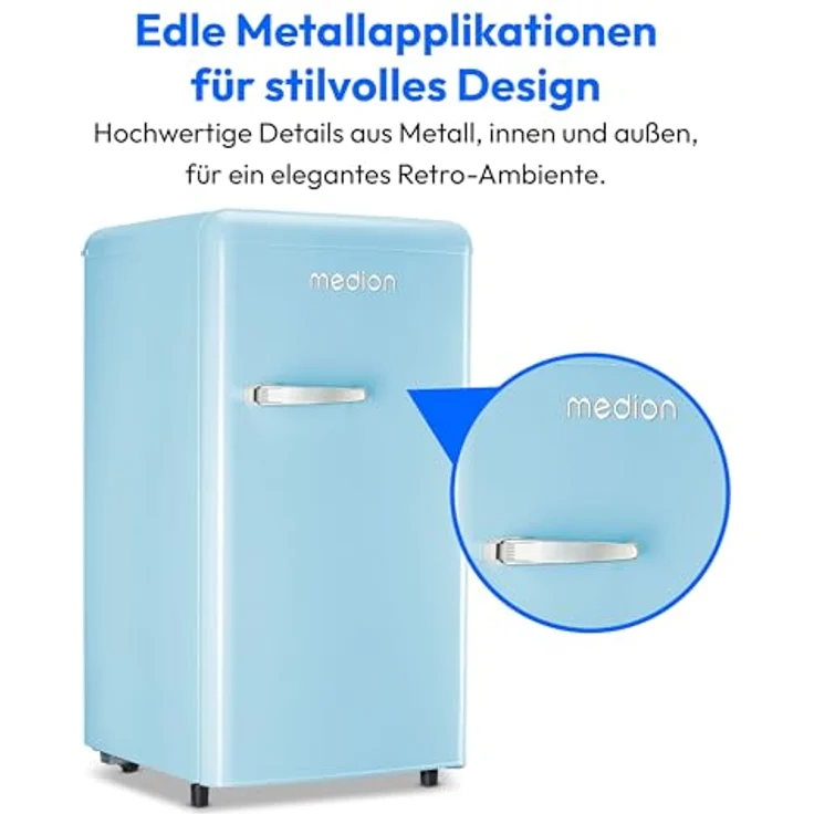 MEDION Retro Kühlschrank MD 37800 (91 Liter, 91cm Höhe, höhenverstellbare Füße, Metall Türgriff) blau – Bild 3