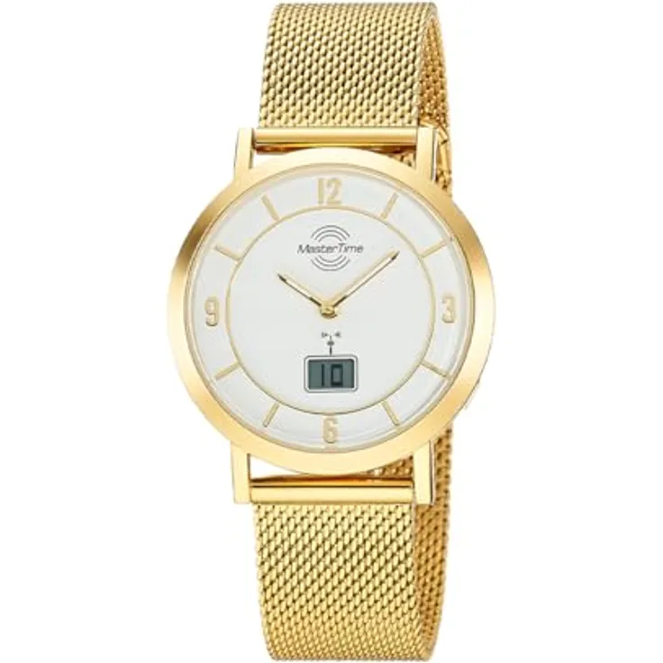 Master Time Funk Quarz Damen Uhr MTLA-10949-12M, Analog-Digital mit goldfarbenem Edelstahl Milanaise Armband, spritzwassergeschützt, präzises Funkuhrwerk