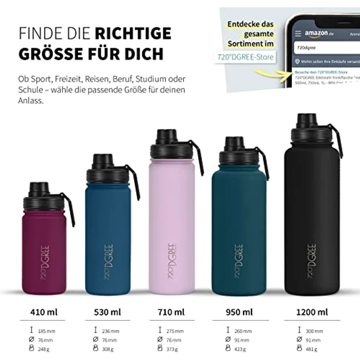 720°DGREE Edelstahl Trinkflasche 710ml “noLimit”, Auslaufsicher, BPA-Frei, Kohlensäure geeignet, Thermosflasche mit Schraubverschluss und Gratis Sportdeckel für Kinder und Fitness – Bild 3