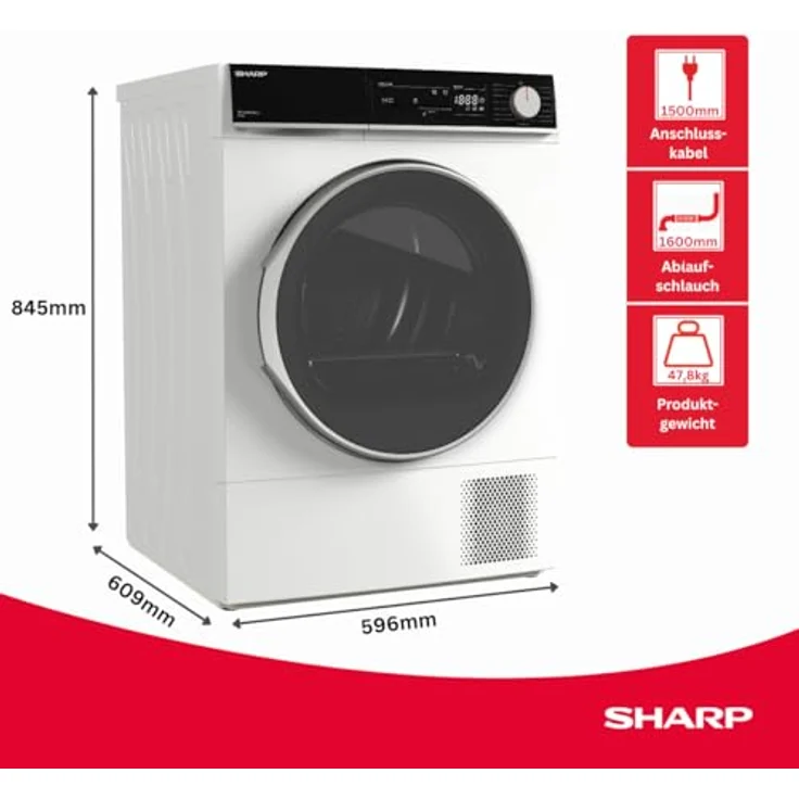 SHARP KD-NHA0S6GW1C-DE Wäschetrockner, 10 kg, Energieeffizienzklasse C, 15 Trockenprogramme inkl. 20-Minuten-Schnelltrockenprogramm, Weiß – Bild 2