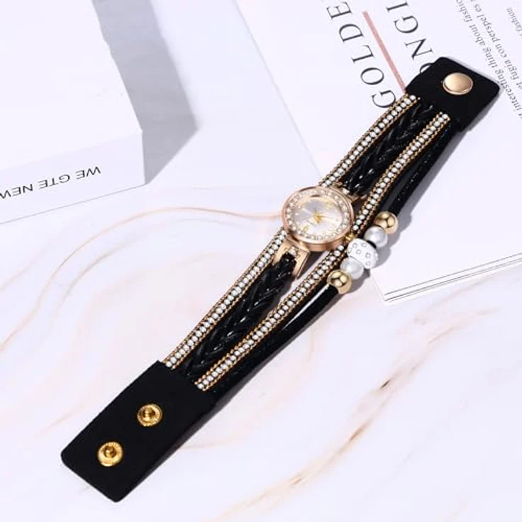JewelryWe Vintage Damen Armbanduhr, Analog Quarz Uhr mit Schwarz Geflochtenem Lederarmband und Strass, 10m Wasserdicht, Ideal als Geschenk für Frauen – Bild 3