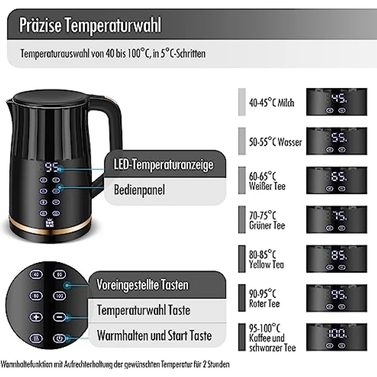 ForMe Edelstahl Wasserkocher 1,7 Temperatureinstellung Temperaturwahl 40-100°C Smart LED Digital Temperaturanzeige BPA FREI Temperatur Einstellbar Kessel I Teekanne Teekessel mit Warmhaltefunktion – Bild 2