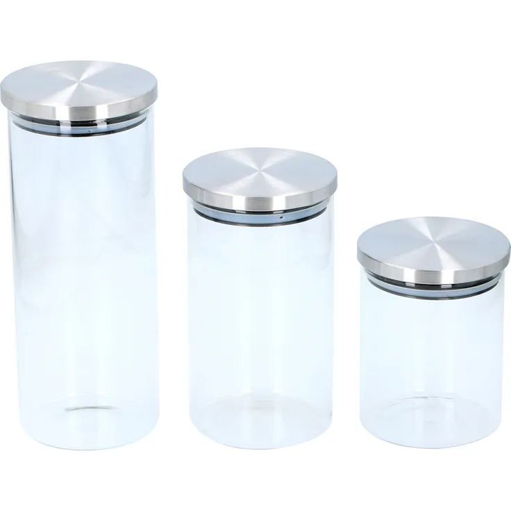 neuetischkultur Vorratsgläser Set 3-teilig aus Glas und Edelstahl, 650ml, 950ml, 1400ml, transparent