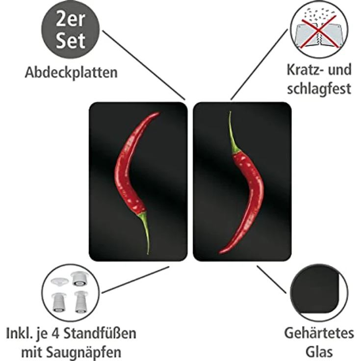 Wenko Herdabdeckplatte Universal Hot Peperoni, 2er Set Herdabdeckung für alle Herdarten, Gehärtetes Glas, 30 x 52 cm, mehrfarbig – Bild 2