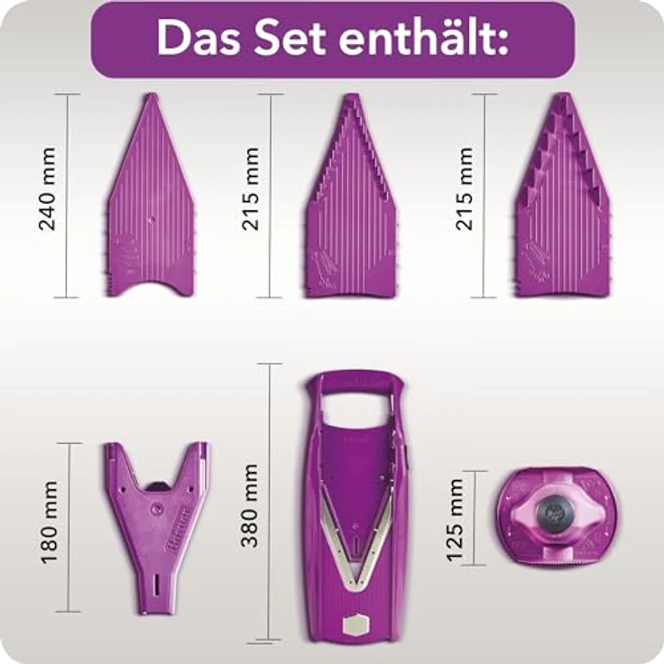 Börner V5 PowerLine Gemüsehobel Starter Set (6-tlg.) • Gemüseschneider (V-Hobel) für Obst & Gemüse + Fruchthalter + Einschübe mit Box • 4 Schnittstärken • Küchenhobel-Set (Violett) – Bild 2