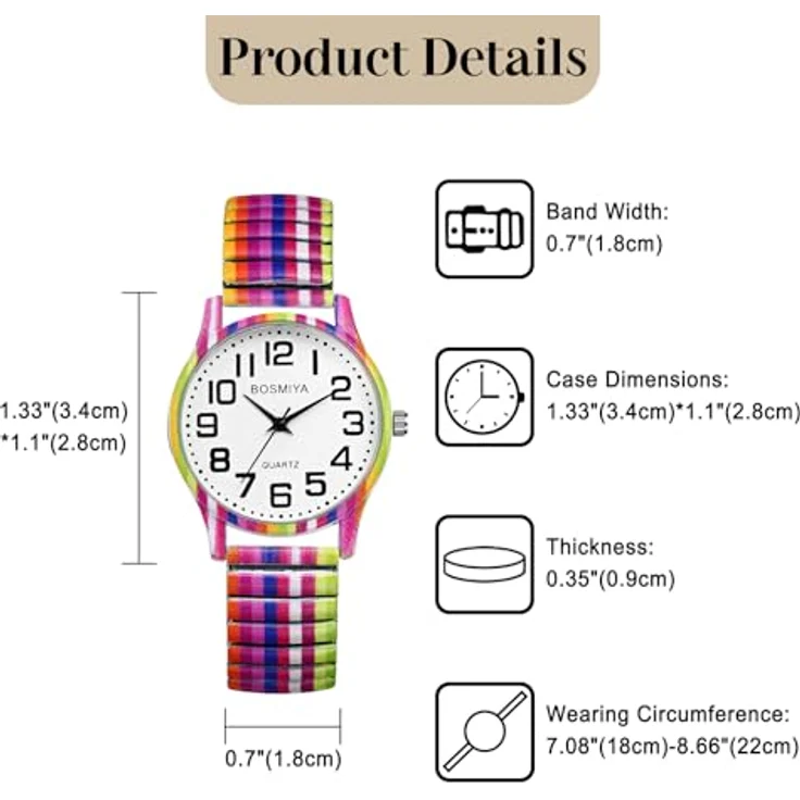 JewelryWe Regenbogen Damenuhr, Boho Armbanduhr mit elastischem Edelstahlband, große arabische Ziffern, 10M wasserdicht, LGBTQ Pride Design – Bild 5