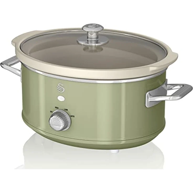 Swan Retro SF17021GNEU Slow Cooker 3,5L Abnehmbarer Kochbehälter, PFOA- und PTFE-freier Keramischer Antihaft-Behälter, 3 Temperaturstufen, Glasdeckel, Vintage-Design, Grün, 200W – Bild 1
