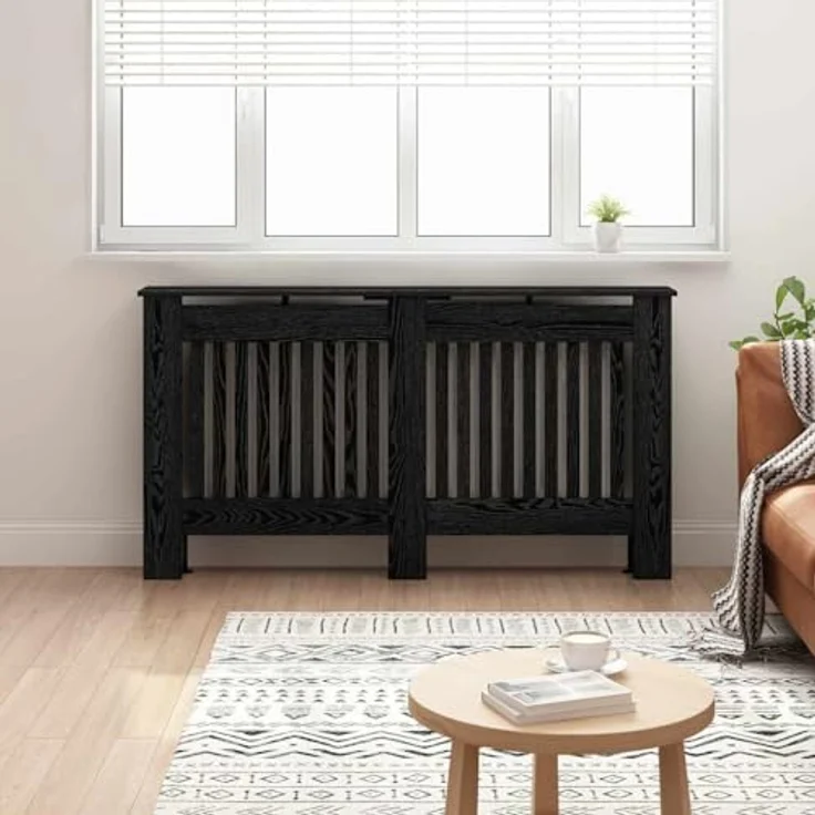 vidaXL Heizkörperabdeckung Schwarz Eichen-Optik, rechteckig, 152 x 19 x 81,5 cm, dekorativer Wärmeschutz, kindersicher, Holzdeko – Bild 2