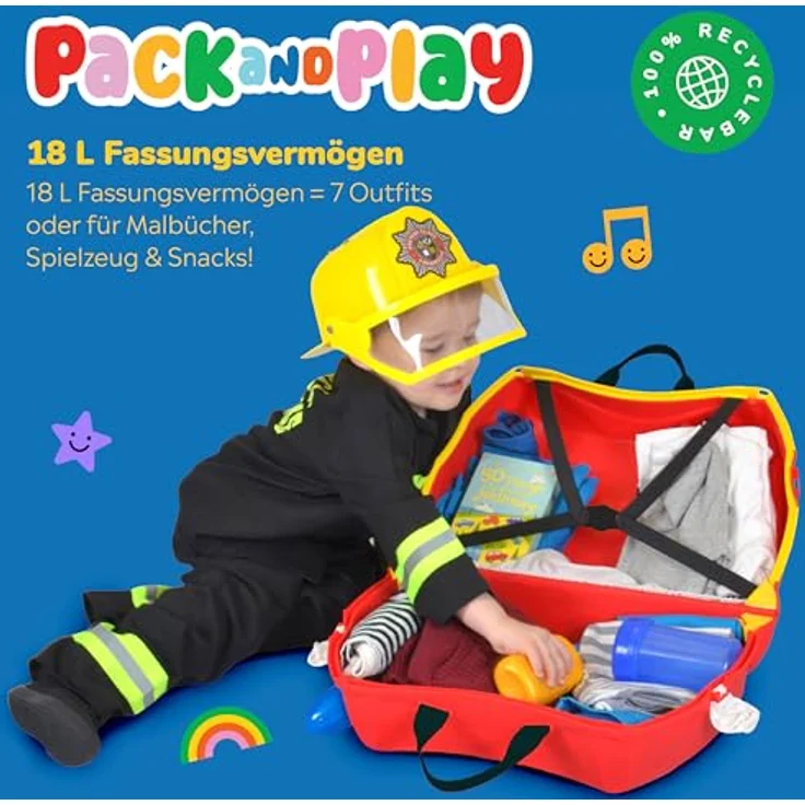 TRUNKI Kinderkoffer Trolley Frank Feuerwehrauto (Rot) | Handgepäck zum Draufsitzen | Reisegefährte für Kinder mit 5 Jahren Garantie – Bild 4