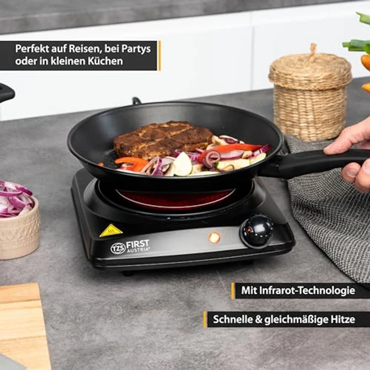 TZS First Austria Infrarot Keramik-Herdplatte | ALLE Topfarten | Einzelkochplatte 17,5cm | Kochfeld für Umzug, Camping, Ferienwohnung - schnelles Aufheizen & stufenlose Einstellung - Kontrollleuchte – Bild 2