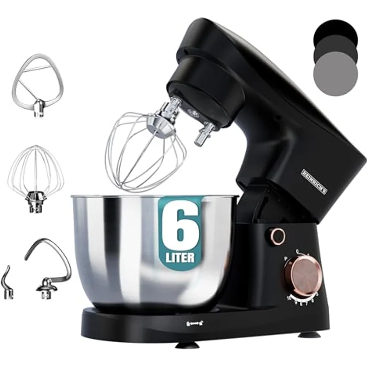 Heinrich's HKM 8077, Küchenmaschine mit 1500W Motor, 10 Geschwindigkeiten, 6L Edelstahlschüssel, geräuscharm, schwarz – Bild 1