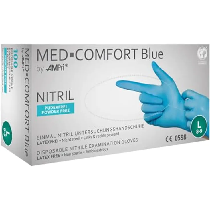 Nitrilhandschuhe Ampri Med Comfort blue S 100 Stück-Box Gr. 7, puderfrei, untsterile Nitrilhandschuhe, 100 Stück-Box