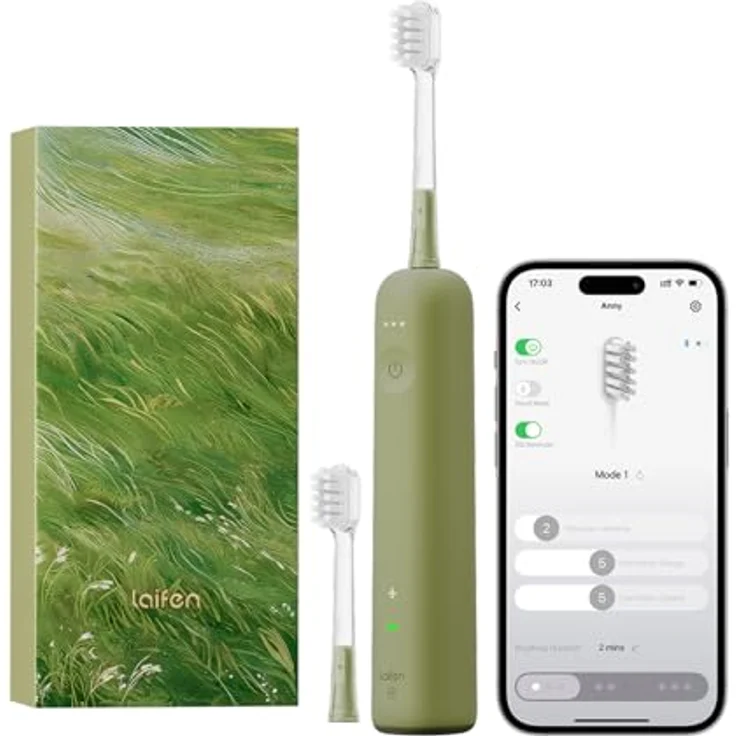 Laifen Wave Spezial Elektrische Zahnbürste, Schallzahnbürste mit Oszillation & Vibration, App-Steuerung, 2 Bürstenköpfe, grün – Bild 1