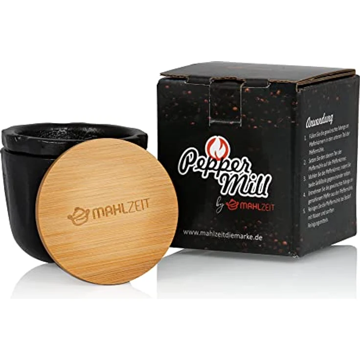 Mahlzeit Gusseisen Pfeffermühle Peppermill | Ø 7,5 x (H) 8 cm | schwarz | Bambusdeckel mit Silikonring | Gewürzmühle Pfeffermörser Kräutermühle Kräutermörser Gewürzreibe Gusseisenmörser – Bild 4