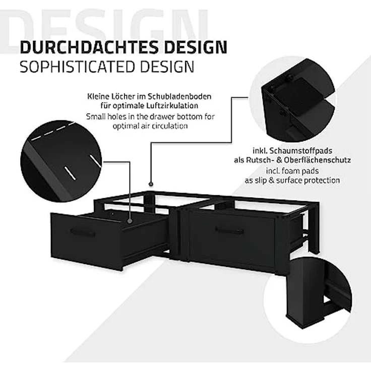 ML DESIGN modern living Doppel Waschmaschinen Untergestell mit 2 Schubladen, Schwarz, 128x53,5x31,5 cm, 2-Fach 2x150kg, Stahl, Doppelpodest Sockel Erhöhung – Bild 4