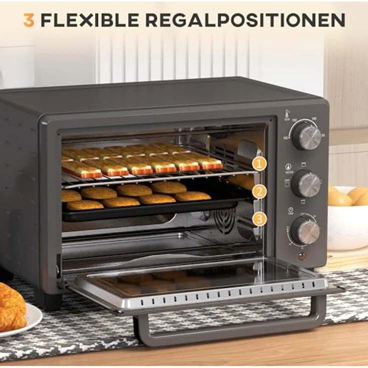 HOMCOM Minibackofen 21L 1400W 60 Min. Timer, Tischofen aus Edelstahl, Grau - Vielseitiger Mini Ofen mit präziser Temperaturregelung – Bild 4