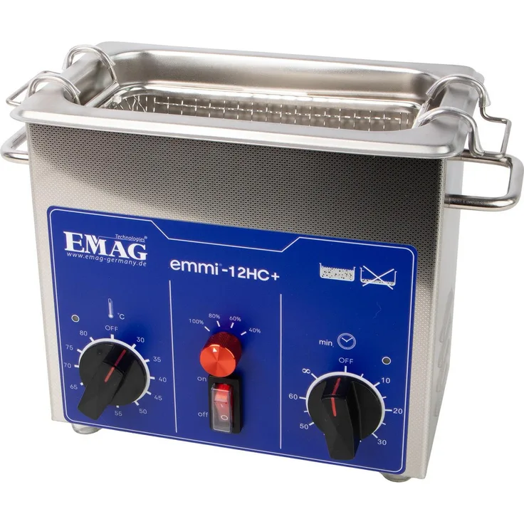 Emag Emmi-12HC Plus Ultraschallreiniger, 1,2 l mit Heizung, 120 W, Edelstahl, für Dental und Haushalt