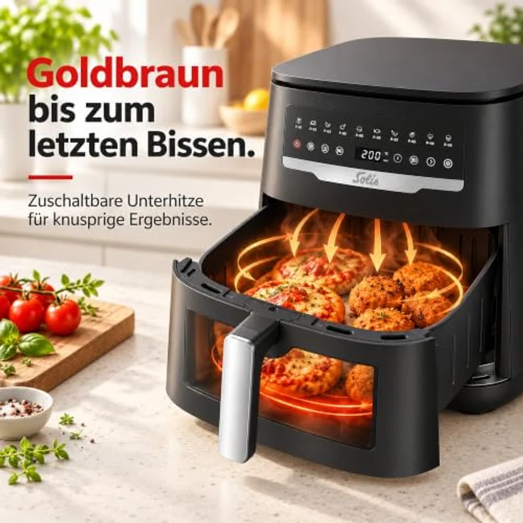 SOLIS OF SWITZERLAND Air Fryer Uno, Typ 8101, Heißluftfritteuse mit 10 Programmen, Sichtfenster, Rapid Air und zuschaltbarer Unterhitze – Bild 4