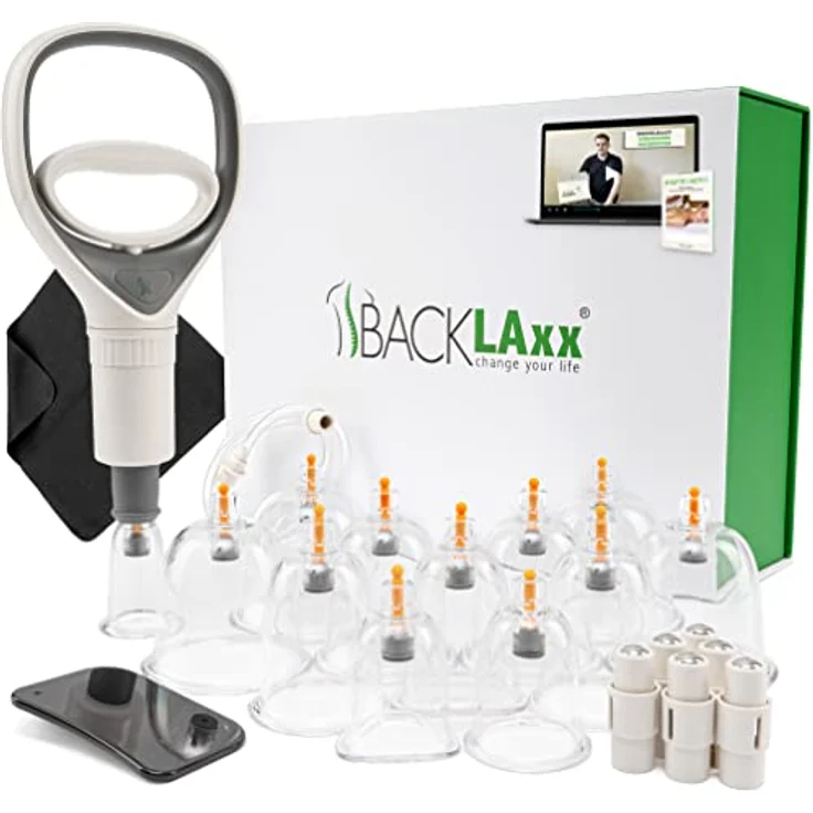 BACKLAxx® Schröpfgläser mit Vakuumpumpe - Hochwertig schröpfen mit bruchfestem Schröpfglas aus Kunststoff, Schröpfset mit Therapiemagneten inkl. Videokurs (12 Stück), Schröpfgläser Silikon – Bild 1