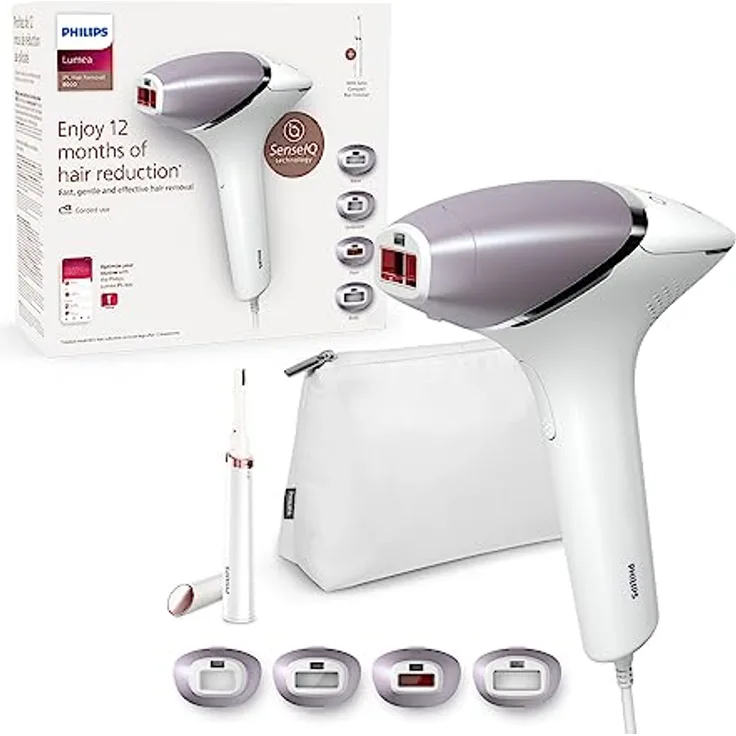 Philips Lumea IPL Haarentfernungsgerät 8000 Series – Haarentfernungsgerät mit SenseIQ Technologie, 4 Aufsätze und Satin Compact Korrekturtrimmer (Modell BRI949/00)