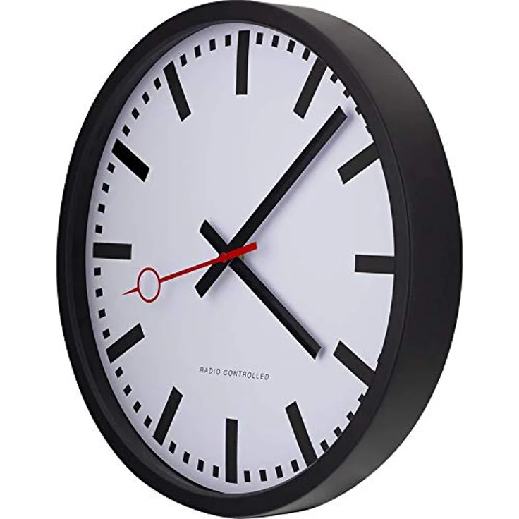 Eurotime Funkwanduhr, 35 cm, im Bahnhofsdesign, geräuscharmes Funkwerk, Metallrahmen Mattschwarz, automatische Zeiteinstellung, 59530-05 – Bild 2