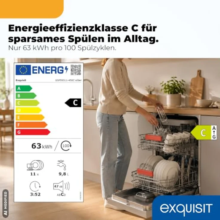 Exquisit GSP59311-450C Geschirrspüler, 11 Maßgedecke, Energieklasse C, 7 Spülprogramme, Aquastop, Besteckschublade, Unterbaufähig, Startzeitvorwahl, Silber – Bild 2