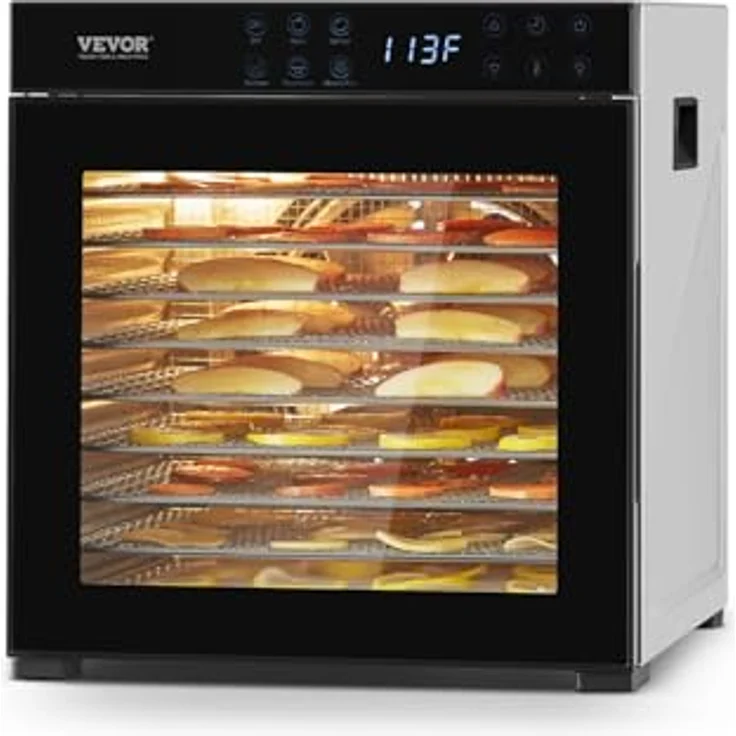 VEVOR Dörrautomat, elektrisches Dörrgerät mit 10 Edelstahlschalen, 1000 W, einstellbare Temperatur von 37,4 °C bis 77 °C, Sichtfenster, für Trockenfleisch, Obst, Gemüse und Kräuter – Bild 1