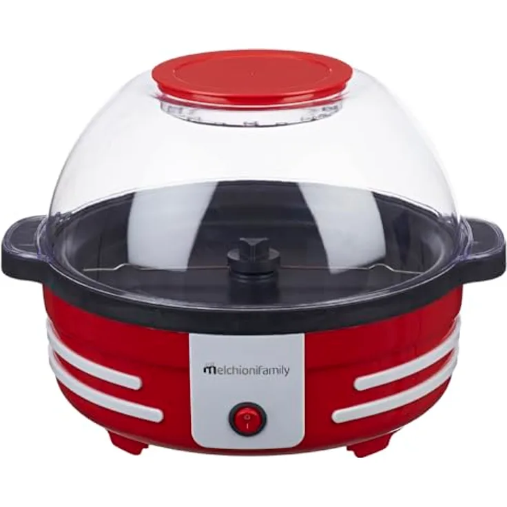 Melchioni Family MR POPPY Pop Corn Maker rund, 850 W, mit Drehsystem und Schüsseldeckel, Dosierer für Pop Corn Butter, Rot