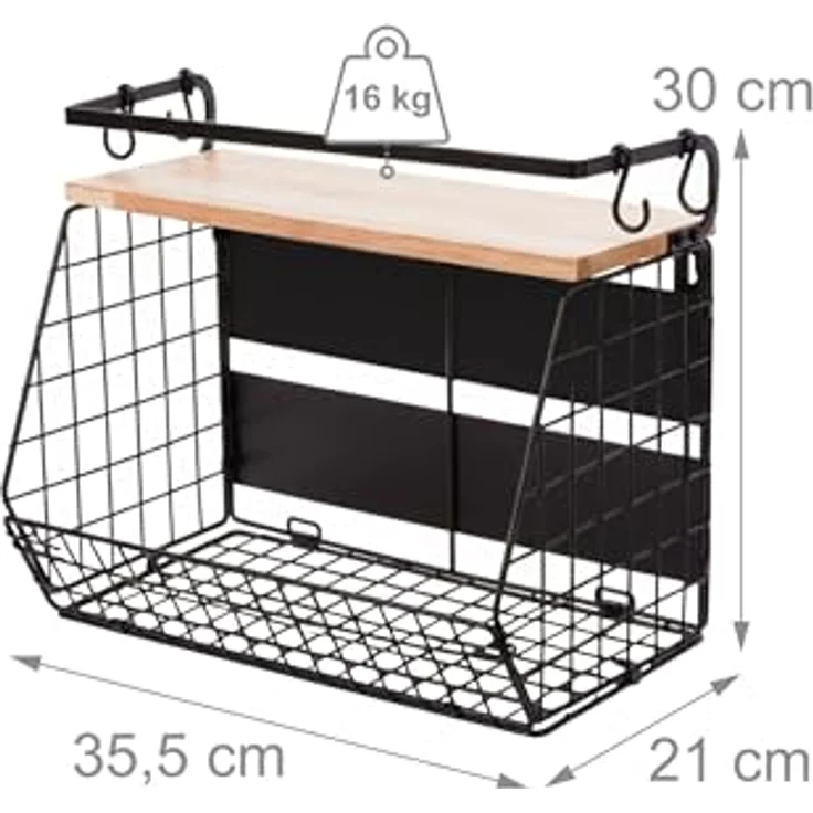 Relaxdays Obstkorb Wandregal 2er Set, magnetischer Küchenorganizer aus Metall, HBT: 30x35,5x21 cm, schwarz/Natur mit 4 Haken für Küchenutensilien – Bild 3
