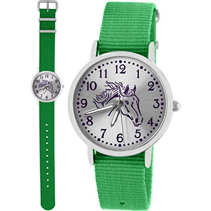 Pacific Time Mädchen Uhr 10303, Analog Quarz mit Pferdemotiv, grünes Textil Wechselarmband, 3,2 cm Gehäusedurchmesser, leuchtende Zeiger, verstellbar von 12,5 cm bis 19,5 cm – Bild 2