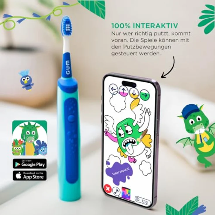 GUM Playbrush JUNIOR 6+ elektrische Zahnbürste | Interaktive Spiel-App | 2 Putzmodi | Extra weiche Borsten | 8 Wochen Akku | Timer | 1x Schallzahnbürste, wiederaufladbar | 2 extra Bürstenköpfe | Blau – Bild 4
