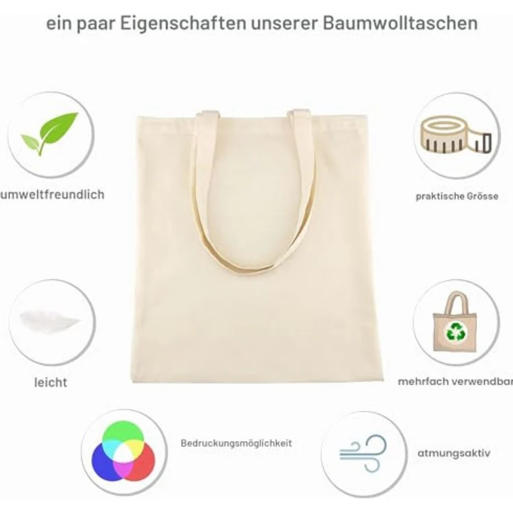 IDEA HOME 10er Set Baumwolltaschen 38x42cm, Unbedruckte Jutebeutel, Personalisierbar durch Bestickung oder Bemalung, Langlebig und Umweltfreundlich – Bild 3