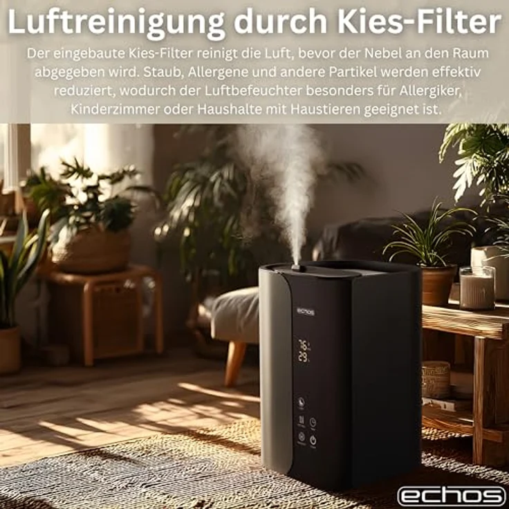 Echos Steinborg® Luftbefeuchter 5 Liter, Ultraschall Vernebler mit Fernbedienung, Hygrometer, LED-Touch-Display, Aroma-Funktion, 350ml/h, Auto-Stop, für Räume bis 50 m² – Bild 4